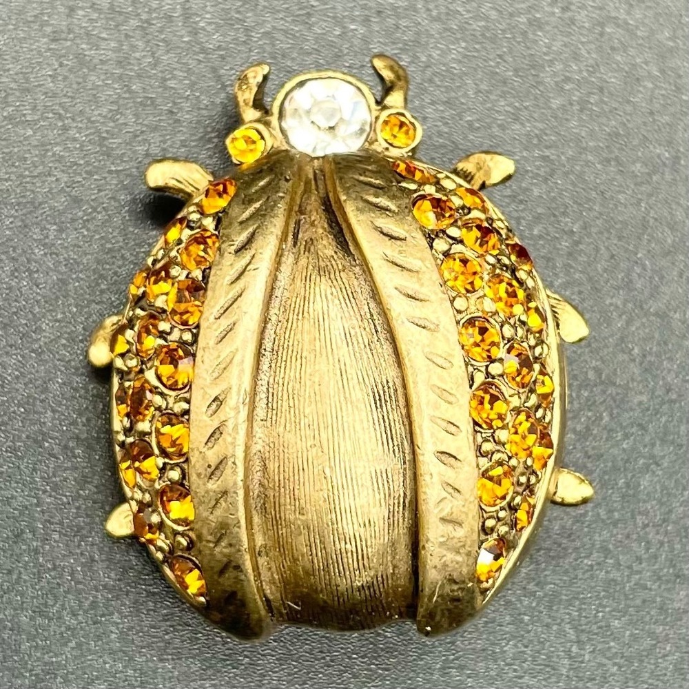 Vintage Gold and Amber Stone Beetle Scarab Brooch Pin - Picture 2 of 3